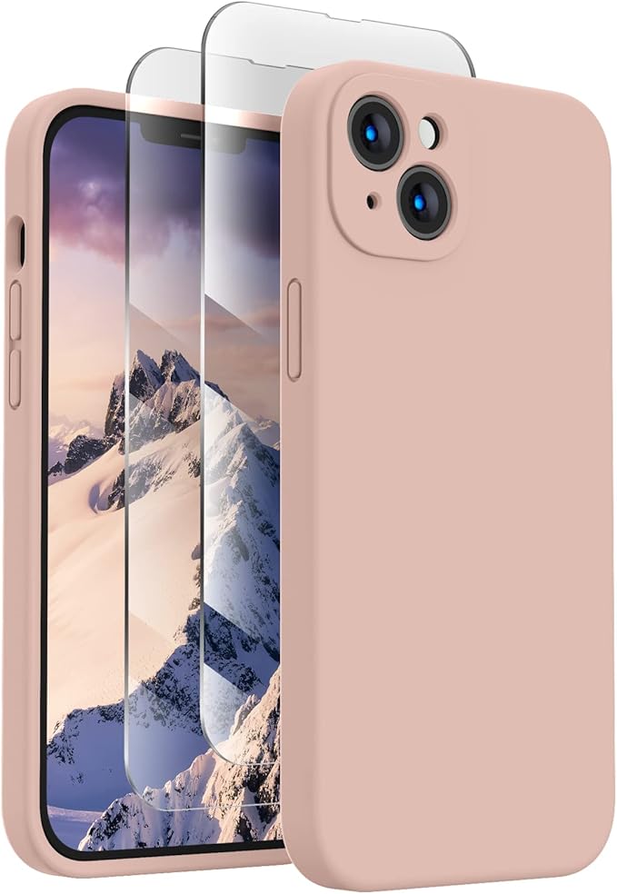 FireNova Designed for iPhone 14 Case, Silicone Upgraded [Camera Protection] Phone Case with [2 Screen Protectors], Soft Anti-Scratch Microfiber Lining Inside, 6.1 inch, Pinksand