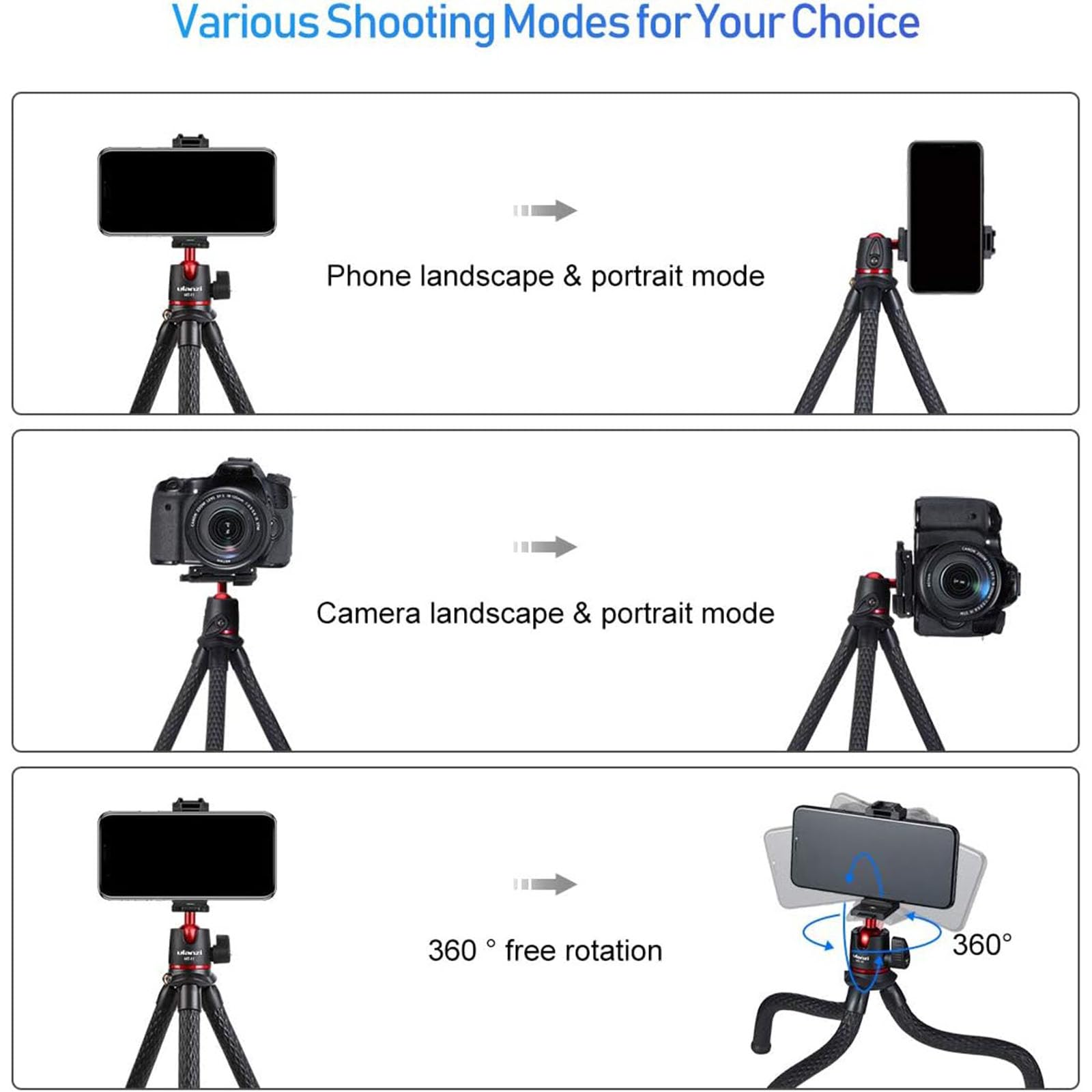 ULANZI Camera Tripod, Mini Flexible Stand w Hidden Phone Holder w Cold Shoe Mount, 1/4'' Screw f Magic Arm, Universal f iPhone 17 16 15 14 Pro Max XS Max Canon Nikon Sony DJ Pocket 4/3 Cameras