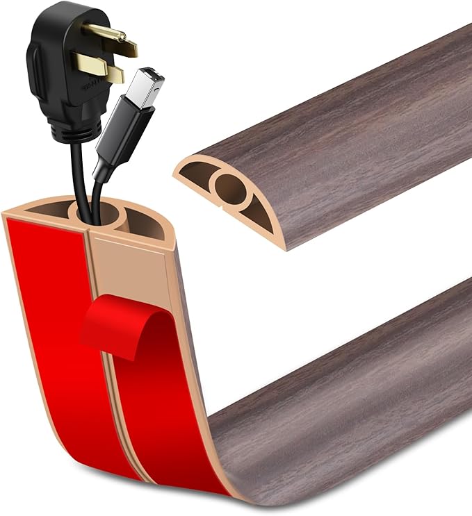 Floor Cord Cover Self Adhesive Cord Hider Floor Extension Cord Covers for Floor Power Cord Protector Cable Management Prevent Cable Trips Cable Cavity 0.32" W x 0.32" H (Brown Walnut Wood, 10Ft)