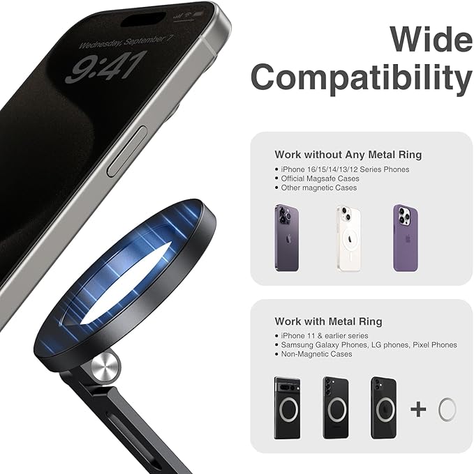 elitehood Aluminum Tripod Phone Mount Adapter for DJI RS 4 Mini, Magnetic Smartphone Tripod Mount with Arca-Standard & Hot Shoe Plate for Camera, Cold Shoe Phone Mount Fit iPhone 16 15 14 Series