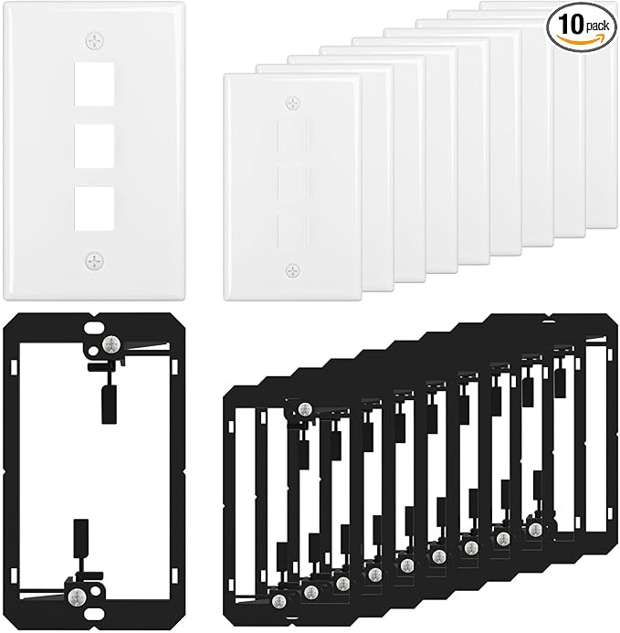 FGB 3-Port Keystone Wall Plate, with Low Voltage Mounting Bracket, with Single Gang Decorator Wall for RJ45, HDMI, and Coax Keystone Inserts, White, 10-Pack