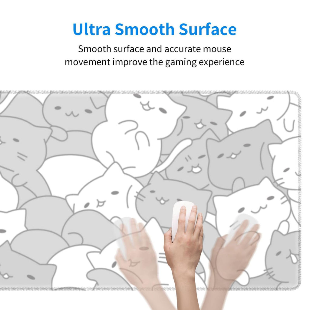 White Kawaii Cats E-Sport Mouse Pad Large Desk Mat Non-Slip Rubber Base Stitched Edge Keyboard Mouse Pad for Office Home E-Sport Computer Laptop, 31.5×11.8 Inches
