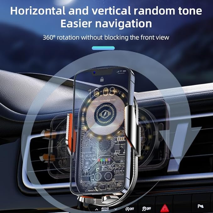 Car Phone Holder, Wireless Car Charger Air Vent Auto-Clamp Cell Phone Car Mount with Metal Hook Clip, 360° Rotation - One Button Release for iPhone, Samsung, Google, and All Other Smartphones