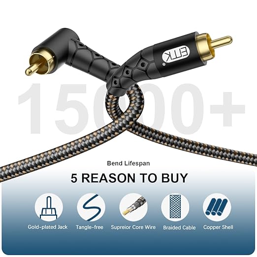 EMK 90 Degree RCA Subwoofer Cable 24K Gold-Plated Connector Nylon Braided Double Shielded – Support Digital & Analog Signals for Amplifier, Home Theater, Hi-Fi System,Subwoofer Black/3.3ft/1m