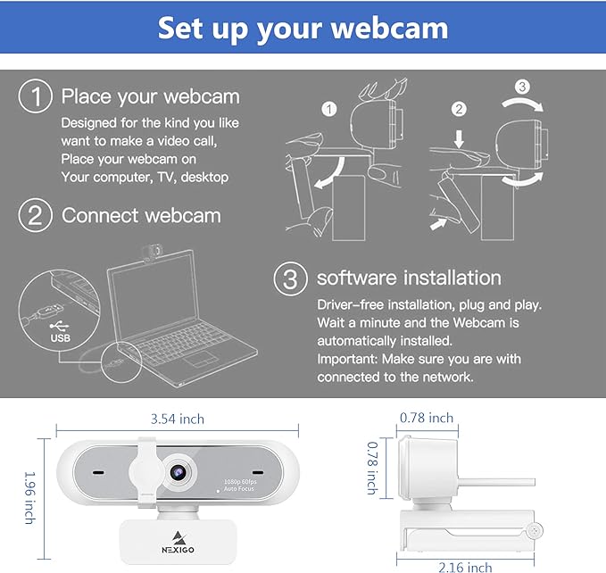 NexiGo N660P 1080P 60FPS Webcam with Software Control, Dual Microphone & Cover, Autofocus, HD USB Computer Web Camera, for OBS/Zoom/Skype/FaceTime/Teams/Twitch, White