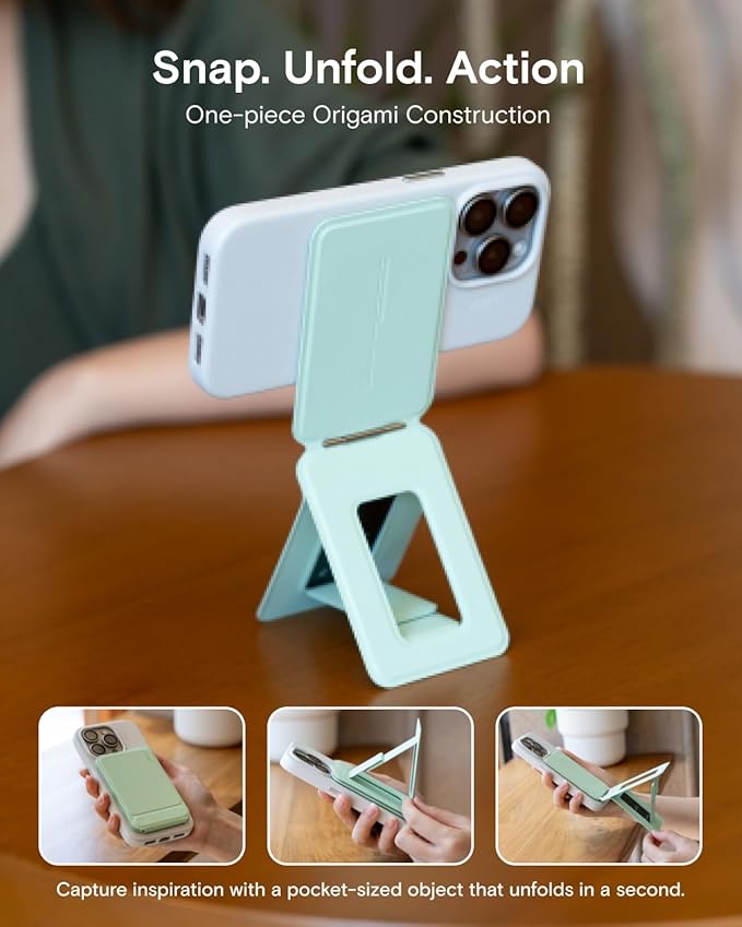MOFT Phone Stand, Magnetic Phone Tripod Stand Stain-Resistant MOVAS Leather & Angle Adjustment & Strong Magnets Tripod for iPhone 16/15/14/13/12 (Included Metal Ring)-Misty Cove