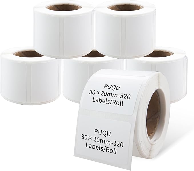 PUQU 30x20mm Direct Thermal Sticker Labels, Self-Adhesive All-Purpose Label Maker Tape, Compatible with AQ Series Label Printer, Refills Standard Laminated Office Labeling, 6 Rolls, 1920 Labels