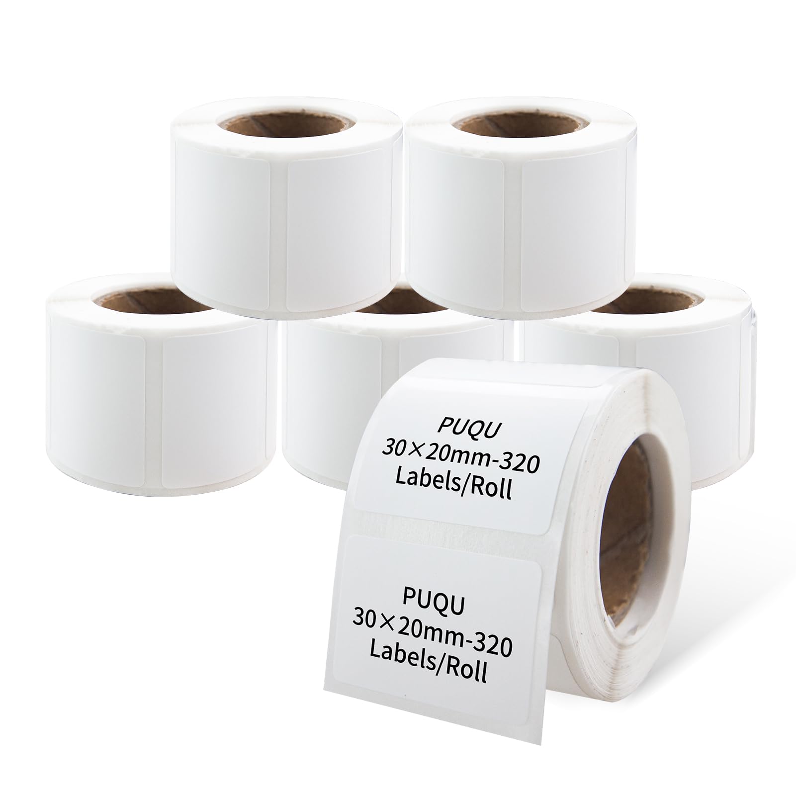 PUQU 30x20mm Direct Thermal Sticker Labels, Self-Adhesive All-Purpose Label Maker Tape, Compatible with AQ Series Label Printer, Refills Standard Laminated Office Labeling, 6 Rolls, 1920 Labels