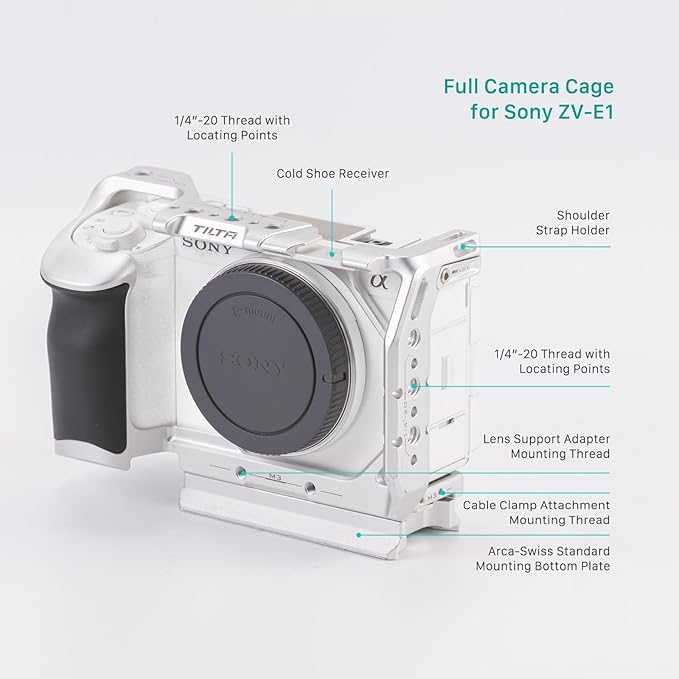 Tilta Camera Cage for ZV-E1 Pro Kit | Includes NATO Top Handle, Cooling System, Rod, LWS Baseplate | Cold Shoe, NATO Rail, M3 and 1/4""-20 Threads Mounts | Silver