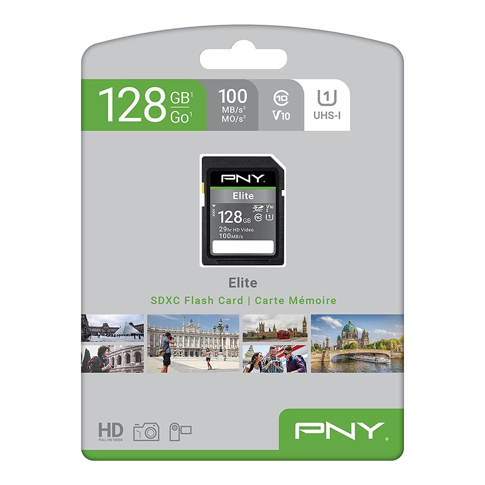 PNY 128GB Elite Class 10 U1 V10 SDXC Flash Memory Card - 100MB/s, Class 10, U1, V10, Full HD, UHS-I, Full Size SD (Pack of 1)