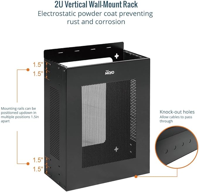 Tecmojo 2U Vertical/Horizontal Wall Mountable Server Rack, with Vented Enclosure for 19" IT Equipment, Cable Modems, Telecom, A/V, Black