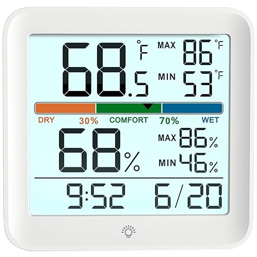 Indoor Thermometer Room Temperature Home Hygrometer Humidity Gauge, Accurate with Calibration, Backlight, Air Comfort Indicator, 24H Max Min Records, Time, Date (AAA Batteries Included)