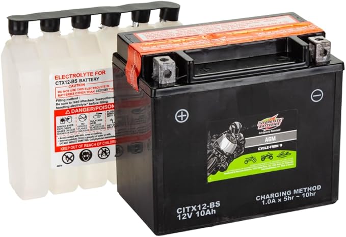 Interstate Batteries YTX12-BS 12V 10Ah Powersports Battery 175CCA AGM Rechargeable Replacement for Honda, Kawasaki, Suzuki Motorcycles, Scooters, Bikes, ATVs, UTVs (CITX12-BS)