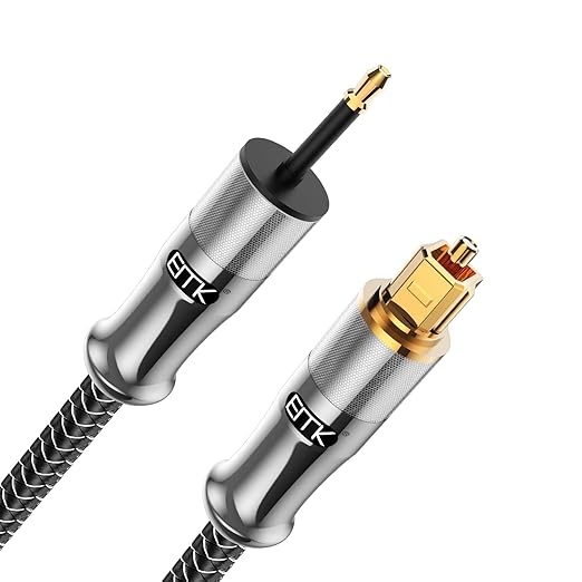 EMK 24K Gold-Plated Toslink to Mini Toslink Cable (25ft/8M) - Digital Optical Audio Cable with 3.5mm Mini Plug for Soundbar, Home Theater, TV - Silver SPDIF Fiber Optic Cord