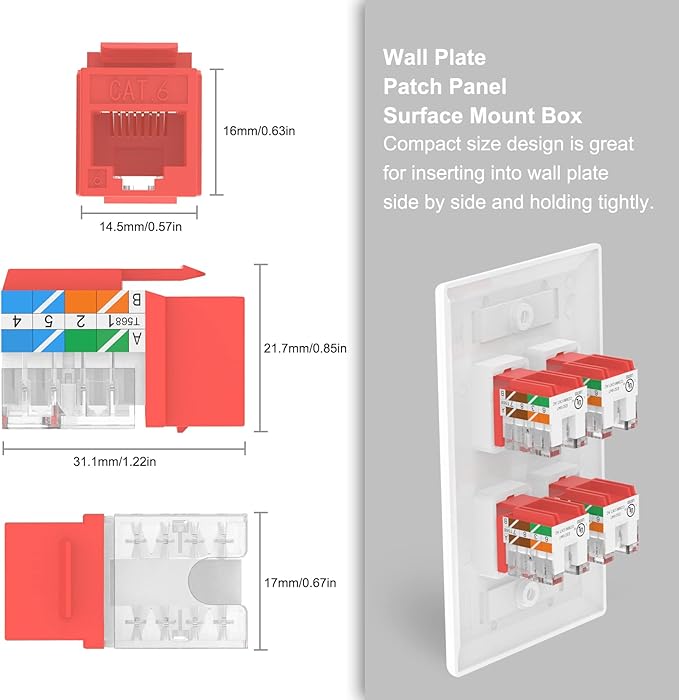 VCE UL Listed Cat6 RJ45 Keystone Jack Insert 25-Pack, 90 Degree Punch Down Keystone Jack Adapter Slim Profile Red