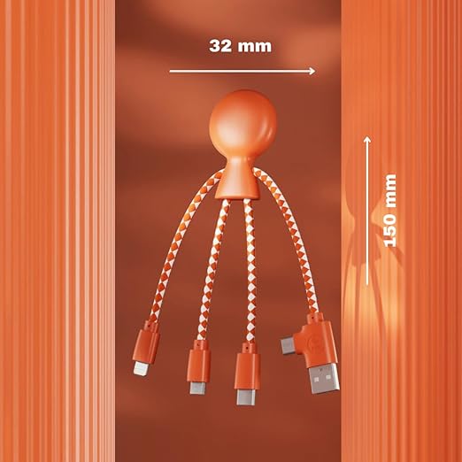 Multi USB Cable 4 in 1 - Universal Charger Made from Recycled Plastic - USB, USB-C, Lighting, Micro USB Ports - Compatible with All Smartphones Mr Bio Blue Octopus (Orange)