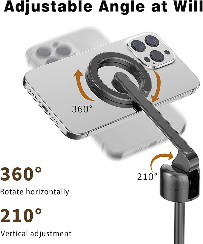 TONEOF 68" Magnetic Selfie Stick Tripod with Aluminum Strong Magnetic Holder for Magsafe, 360° Rotatable Travel Phone Tripod Stand with Metal Ring & Rechargeable Remote for iPhone/Android（Black）