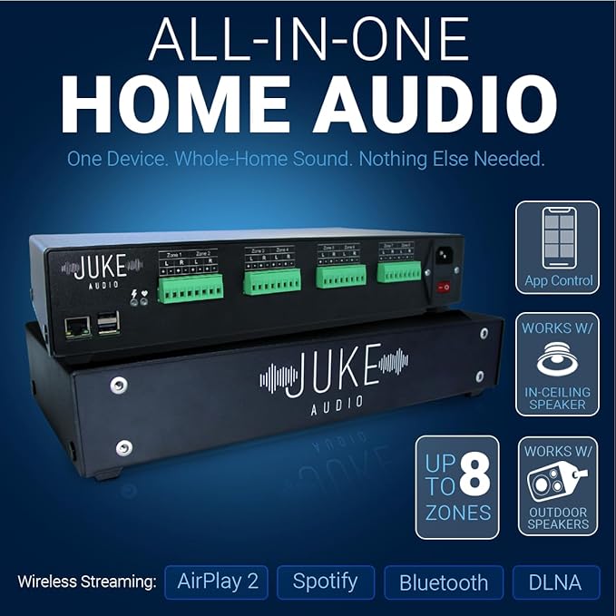 Juke-8: 8 Zone Multi-Room Amplifier | Built-in Music Streaming & Wireless App Control | Supports 8 Audio Sources Simultaneously | Whole Home Audio System | Airplay 2, Spotify Connect, Bluetooth