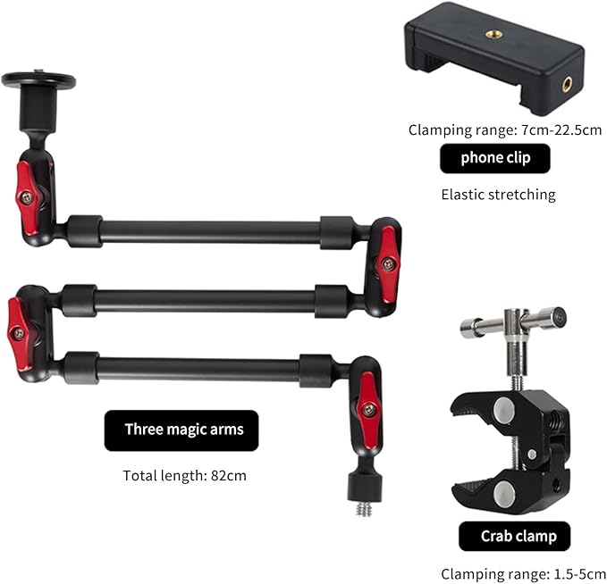 Adjustable Articulating Magic Arm with Clamp and Phone Holder Clip for Desk Mount, Desk Stand, Cell Phone Tripod