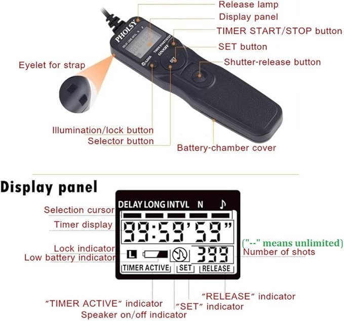 PHOLSY S6 Timer Remote Control Cable with Intervalometer for Sony a77M2, a99M2, a99, a77, a67, a65, a57, a55, a900, a850, a700, a580, a560, a550, a500, a450, a300, Replaces Sony RM-L1AM