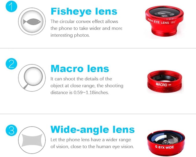 3 in 1 Cell Phone Camera Lens Kit Wide Angle Macro Fisheye Lens Universal for Smart Phones iPhone Samsung Android(Red)