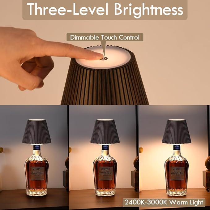 WILIT Wireless Bottle Lamp, 3-Level Brightness Rechargeable Cordless Table Lamp Shades, Night Light, Battery Operated Lamp for Bedroom, Bar Decorations for Home, Gifts for Mom Dad