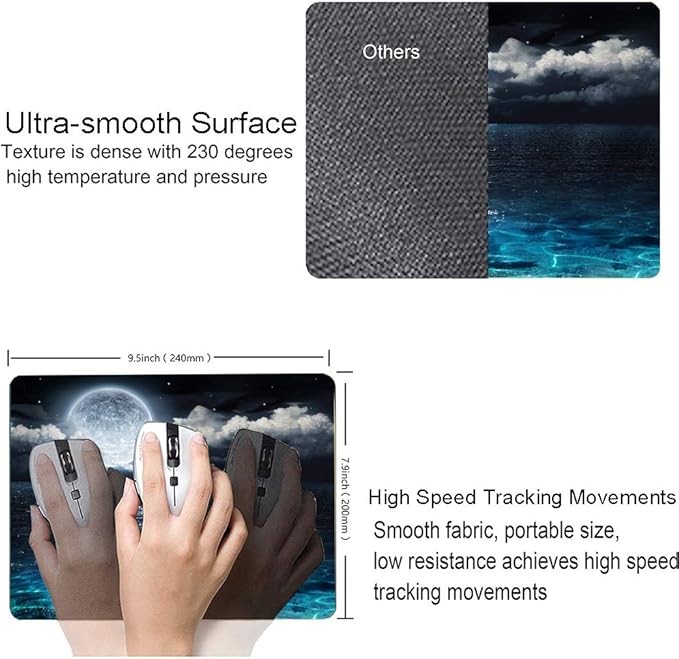 Moon Illuminating The Clear Blue Ocean Design Mouse Pad, Mouse Mat Square Waterproof Non-Slip Rubber Base MousePads for Computer Laptop Men Women Kids