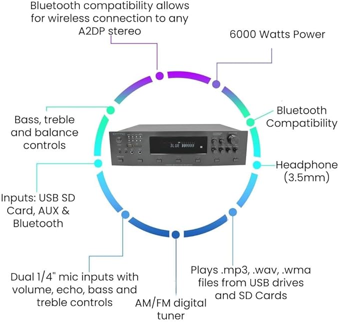 Vaiyer Home Audio System Kit, 6-Channel 6000 Watts Bluetooth Amplifier with 6.5" 12 QTY of 200 W Each Frameless in-Ceiling Speakers & 16 AWG 500 ft. Speaker Wire - Perfect for Home, Office, Restaurant