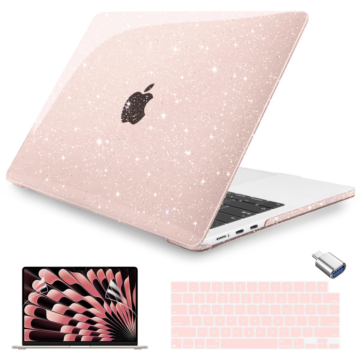 Teryeefi for MacBook Air 15 inch Case M4 M3 M2 Chip 2025 2024 2023 Release A3241 A3114 A2941 Model with Keyboard Cover + Type C Adapter for 15 inch MacBook Air Sparkly Case, Glitter Cheey Pink