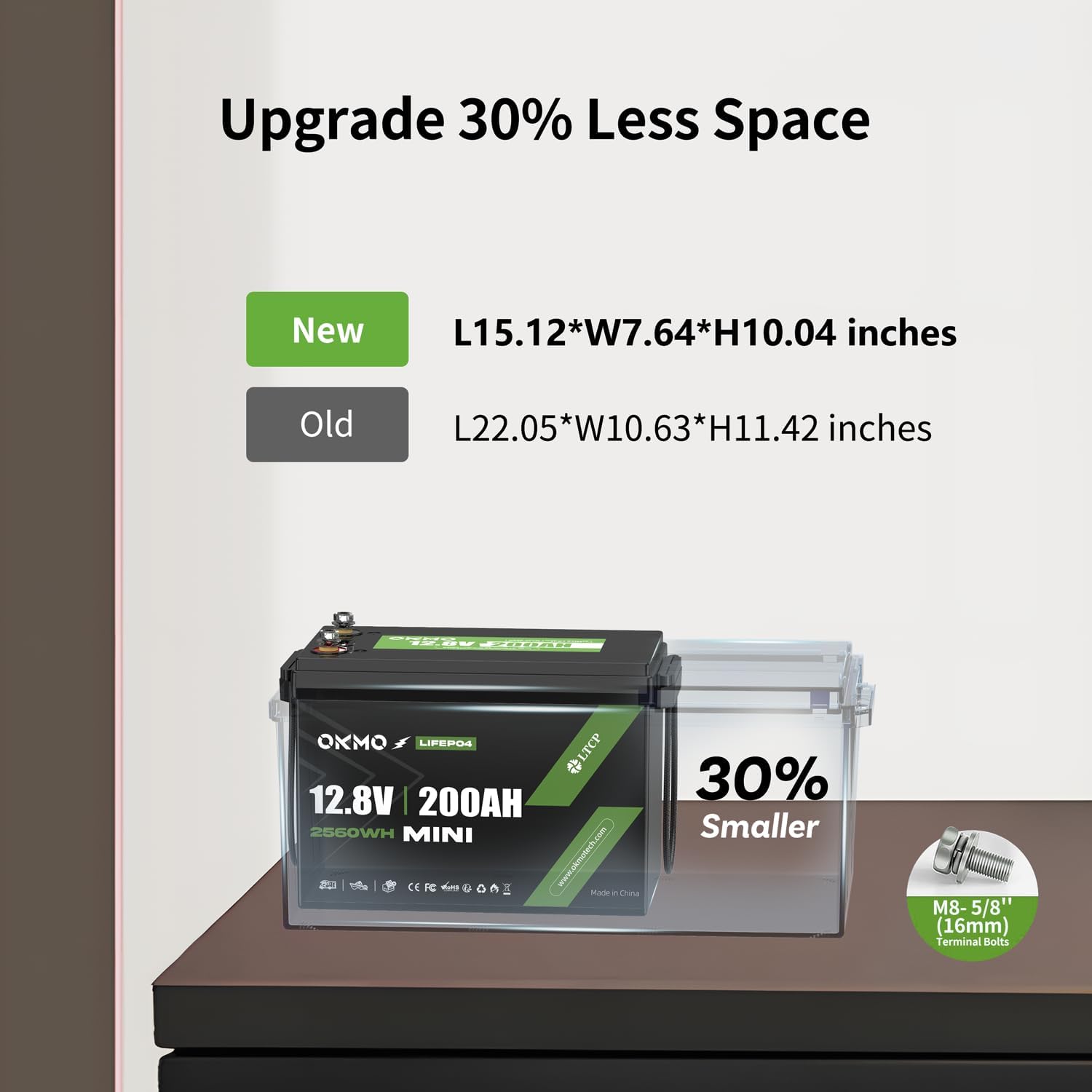 OKMO 200Ah LiFePO4 Battery 12V Updrade Mini Size, 10 Years 15000+ Deep Cycles, for RV, Van, Home Solar Energy Storage Off-Grid, Marine Boat Trolling Motor