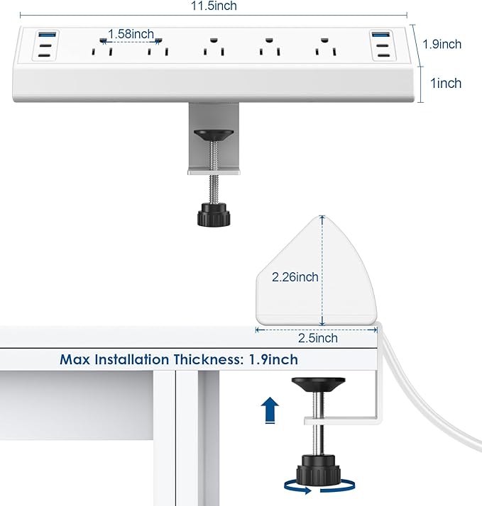 Desk Clamp Power Strip USB C,Under Desk Mount Power Station,20W Fast Charging,Fits 1.9'' Tabletop Edge,Desk Surge Protector,Perfect Home,Office Supplies (White, 5 Outlets & 6 USB Ports & 25 FT Cable)
