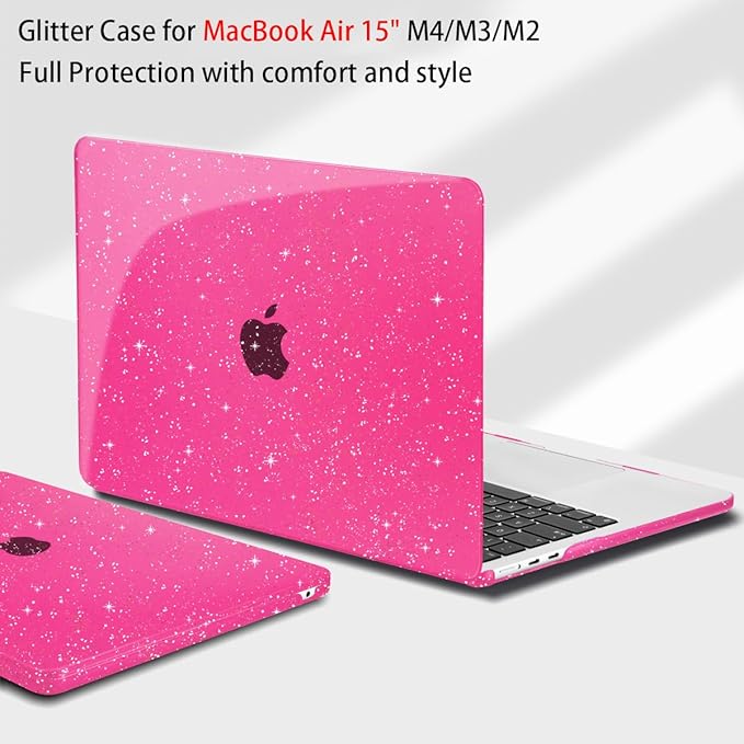 Teryeefi Compatible with MacBook Air 15 inch Case M4 M3 M2 Chip 2025 2024 2023 Release A3241 A3114 A2941 Model with Keyboard Cover + Type C Adapter for Air 15.3 Sparkly Case, Glitter Rose Pink