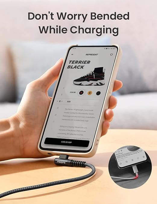 AINOPE USB Type C Cable 5-Pack [10/6.6/6.6/3.3/1.6ft] 3.1A C Type Charging Cable Right Angle, Nylon Braided USB C Cable Compatible with Galaxy S22 S20 Plus, Note 20, LG V20, Type C Charger Black