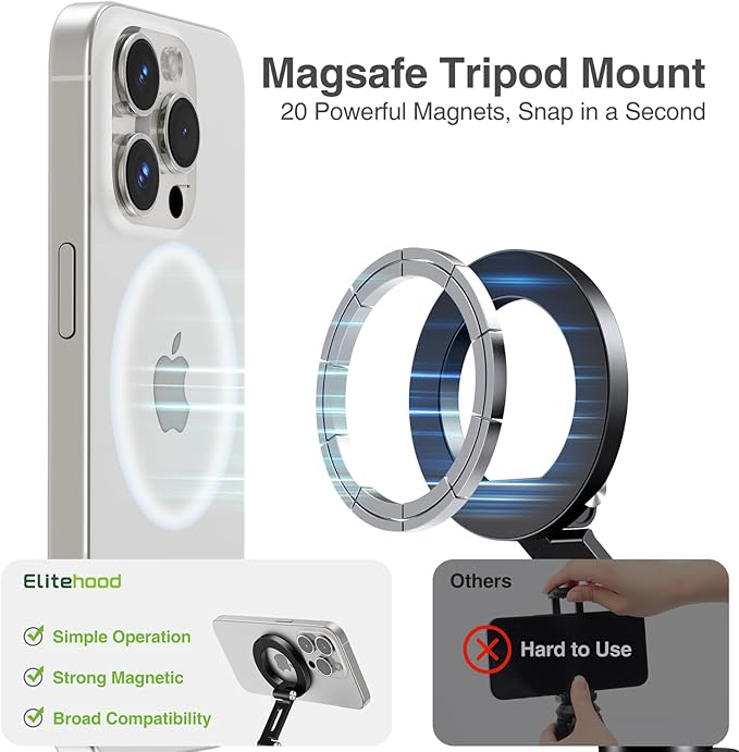 elitehood for Magsafe Phone Tripod Mount with Arca Port, Aluminum Magnetic iPhone Tripod Mount with 1/4" & 3/8" Screw, for Magsafe Phone Adapter Compatible with iPhone 16 15 14 13 12 Series, Black