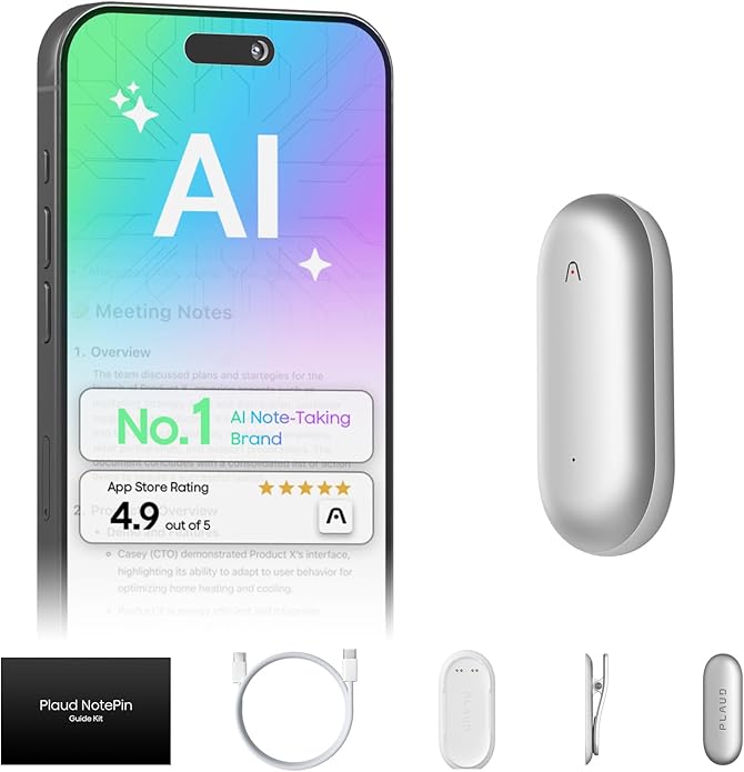 Plaud NotePin AI Voice Recorder, Voice Recorder with Adjustable Wearable Strap, Transcribe & Summarize with AI Technology, 64GB Memory