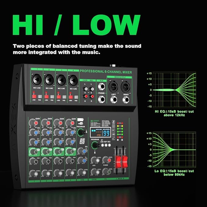 MW-6 black 6-Channel Professional DJ Audio Mixer Portable Controller Mixer with DSP 99 Preset Effects for Live Streaming, Podcasting, Home Party