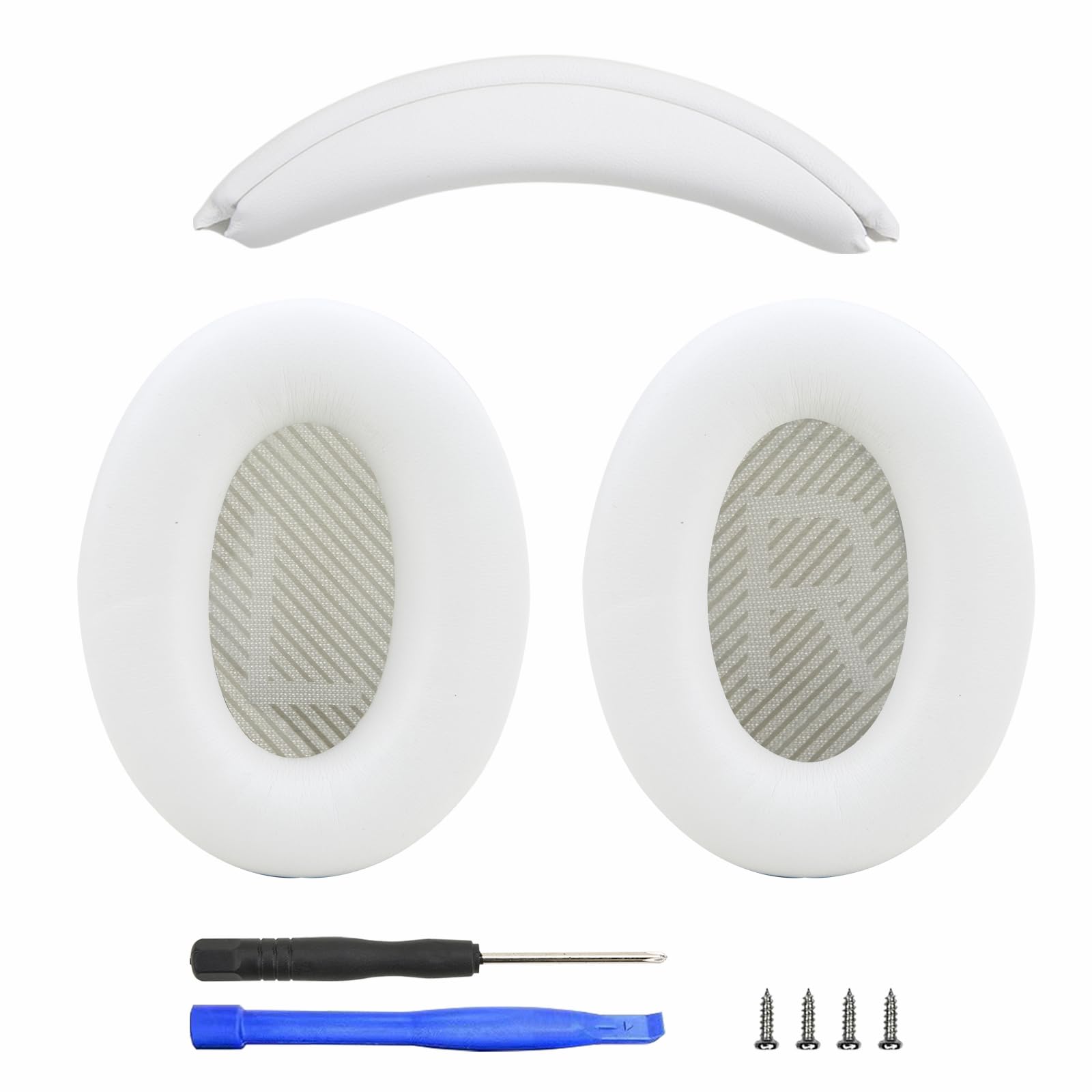 Ear Cushion and Headband for Bose QC45 QC35, Replacement Headstrap Pad Repair Part with Protein Leather& Memory Foam (White)