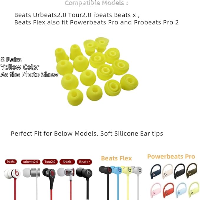 Replacement Ear Tips for Beats Urbeats2.0 Tour2.0 ibeats Beats x, Beats Flex Secure Fit for Powerbeats Pro Silicone Earbuds Washable Sweat-Resistant Noise Isolation 8 Pairs (Volt Yellow)