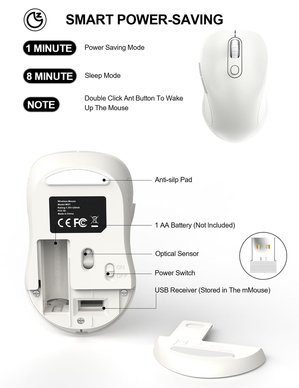 Trueque Wireless Mouse for Laptop, Ergonomic 6-Button Mouse, Pure White