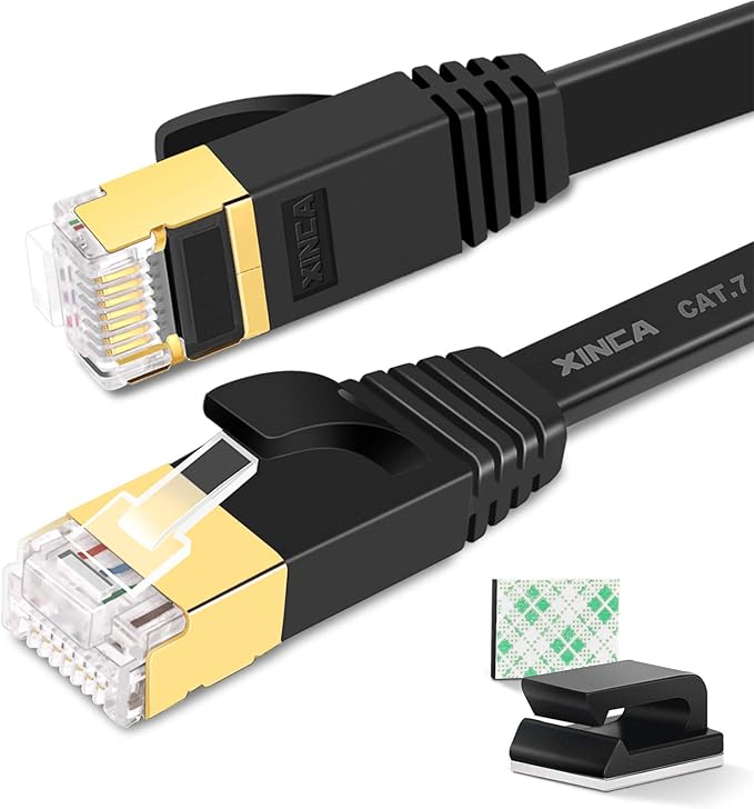 Cat 7 Flat Ethernet Cable 25ft Black, High Speed 10GB Shielded (STP) LAN Internet Network Cable Ethernet Patch Computer Cable with Rj45 Connectors and 10pcs Adhesive Cable Clips