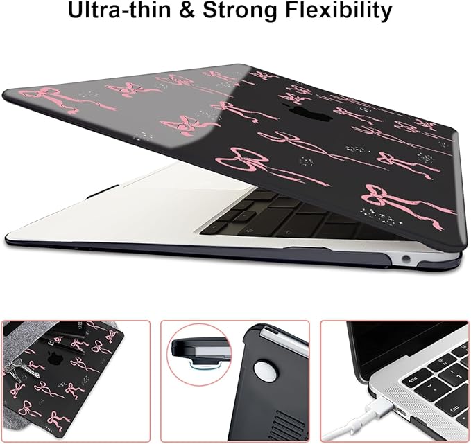 for 2020 2021 2022 MacBook Pro 13 inch Case M2 M1 A2338 A2289 A2251 with Touch Bar & Touch ID, Printed Pattern Plastic Hard Shell Case Keyboard Cover Screen Protector, Pink Bowknot Black