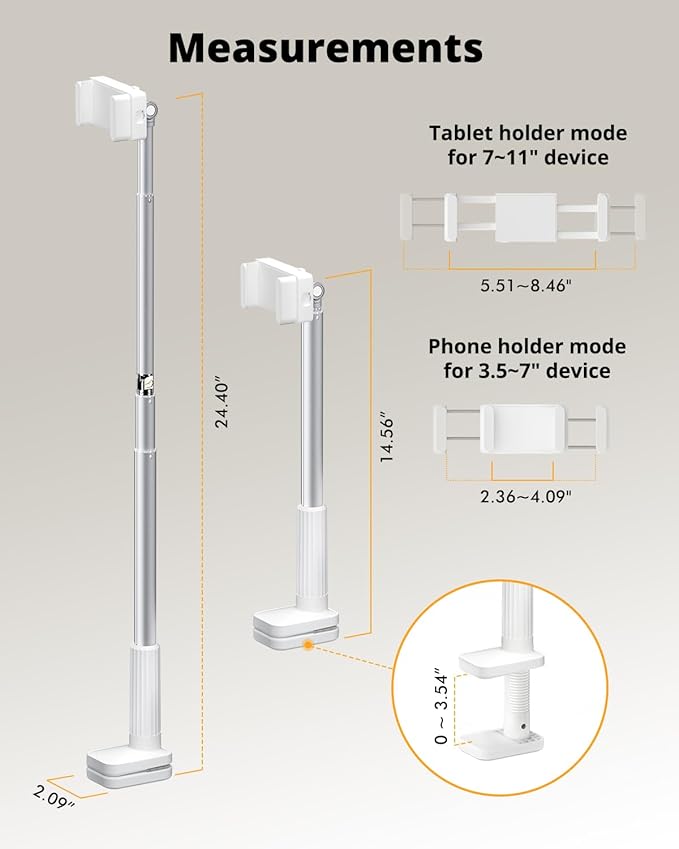 Phone Holder for Bed, 360° Rotation Cell Phone Stand, Flexible Long Arm Headboard Bedside Clip, Multi-Functional Overhead Phone Mount for 3.5-11" Phones, Tablets, Kindle, White