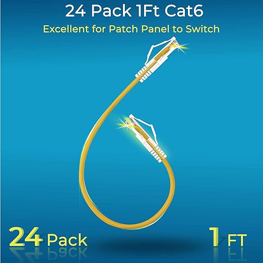 Rapink Patch Cables Cat6/ Cat6a 1ft (24 Pack) Slim, Cat6a Ethernet Patch Cable 10G Support, Snagless Cat 6 Patch Cable for Patch Panel to Switch, Flexiable Cat6 Ethernet Cable Yellow