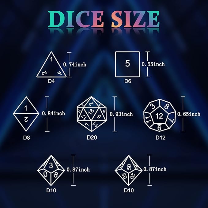 Metal Dice Set, HNCCESG Polyhedral D&D Dice for Dungeons and Dragons RPG DND Dice for Role Playing MTG Tabletop Gaming Shadowrun Pathfinder 7PCS D20 D12 D10 D8 D6 D4（Ancient Silver）