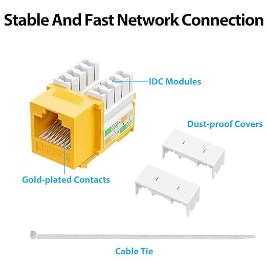iwillink 10Gbps Cat6 Keystone Jack 10-Pack, RJ45, 90-Degree Ethernet Coupler, Punch Down Adapter (Yellow)