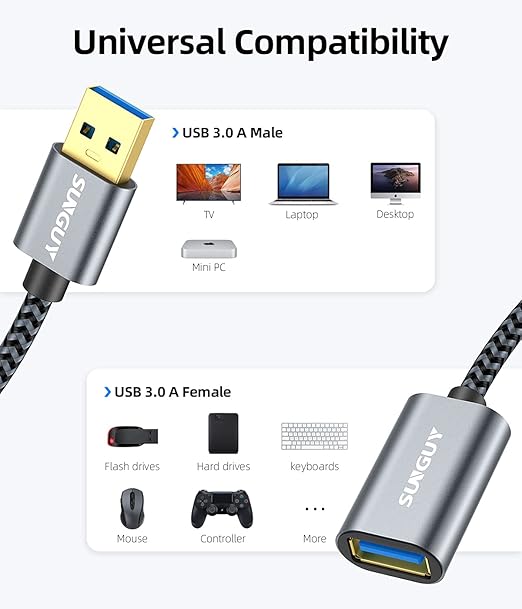 SUNGUY 5Gbps USB 3.0 Extension Cable, 1FT USB A Male to Female Extender Cord, Braided High Data Transfer Compatible with Xbox, Hard Drive, Webcam, USB Keyboard, Mouse, Flash Drive, Oculus VR