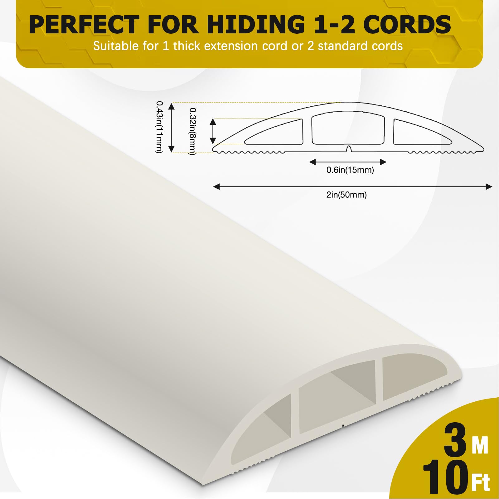 JAHOMFAI Floor Cord Cover 10FT Cord Covers for Wires on Floor Protect Wires & Prevent Trip Hazards, Easy to Cut for Home, Office, School, Concerts, Cavity W0.6in x H0.32in