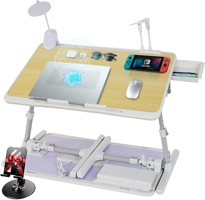 Laptop Lap Desk Include Cooling Fan,Adjustable Lap Desk with Light Fan,Folding Laptop Desk for Bed with USB,Bed Desk with Storage Drawer 60x40cm,White Oak