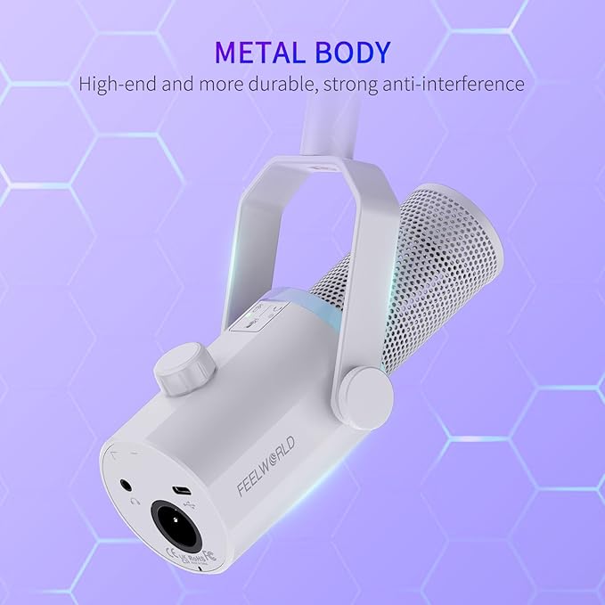 FEELWORLD PM1 XLR USB Dynamic Microphone Gifts for Podcast Recording PC Computer Gaming Live Streaming Vocal Voice-Over, Studio Metal Mic with RGB Light, Mute Button, Headphones Jack (White)