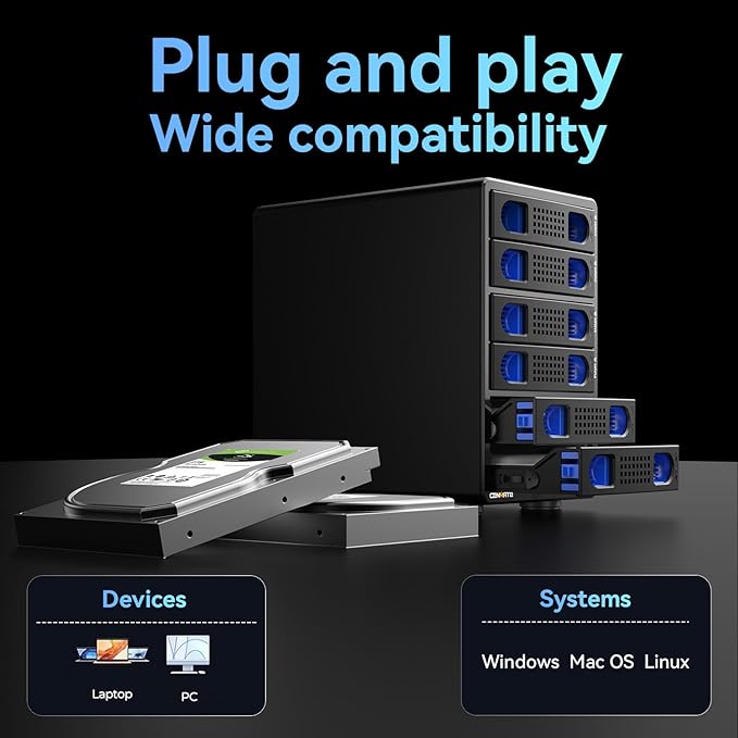 6 Bay Hard Drive Enclosure with Cooling Fan for 2.5“/3.5" SATA HDD/SSD with USB A/C 3.2 Gen 2, Support Hot Swappable, Daisy Chain Expansion, Tool-Free HDD Enclosure, DAS(NO RAID/NAS)